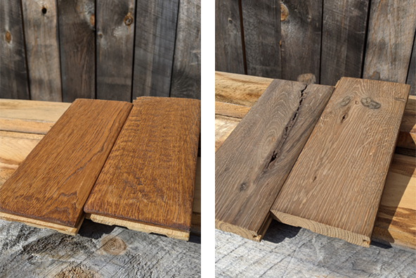 Handscaped versus foot worn hardwood flooring samples
